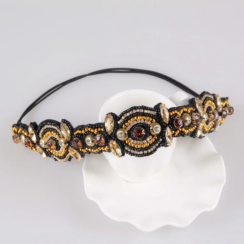 MWsonya New Design Women Elastic Headbands Handmade Black Gold Beads