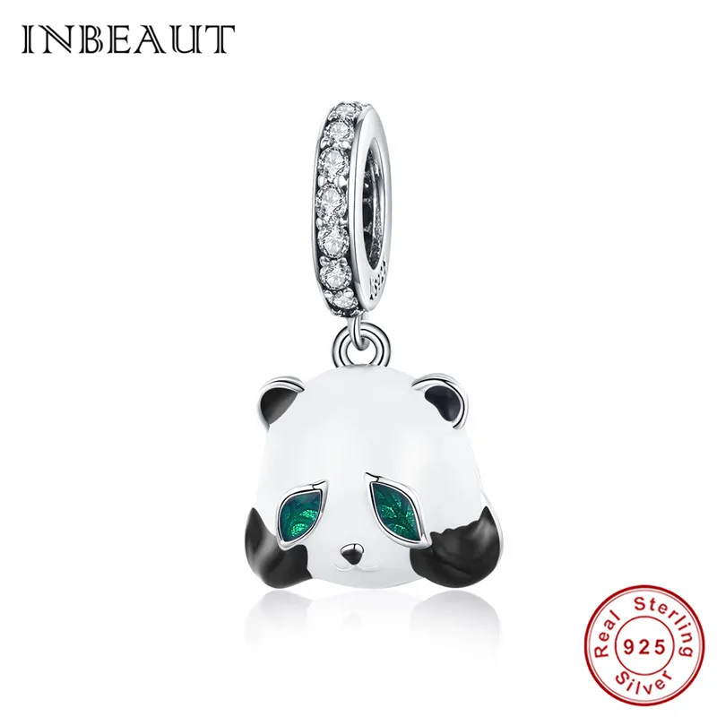

INBEAUT 100% 925 Sterling Silver Cute Green Eye Baby Panda Pendant Beads National Treasure Animal Charm fit Pandora Bracelet