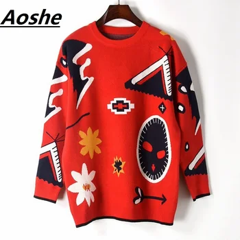 

Women Sweaters and Pullovers Winter Thick Warm Loose Oversized Jumper Knitwear 2018 Runway Design Geometric Jacquard pull