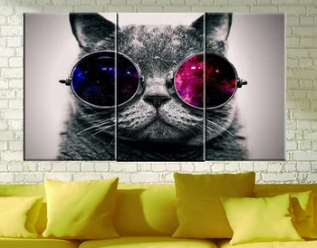 

Print poster canvas Wall Art Cute Cat with Glasses cuadros Decoration art oil painting Modular pictures on Canvas (no frame)3pcs