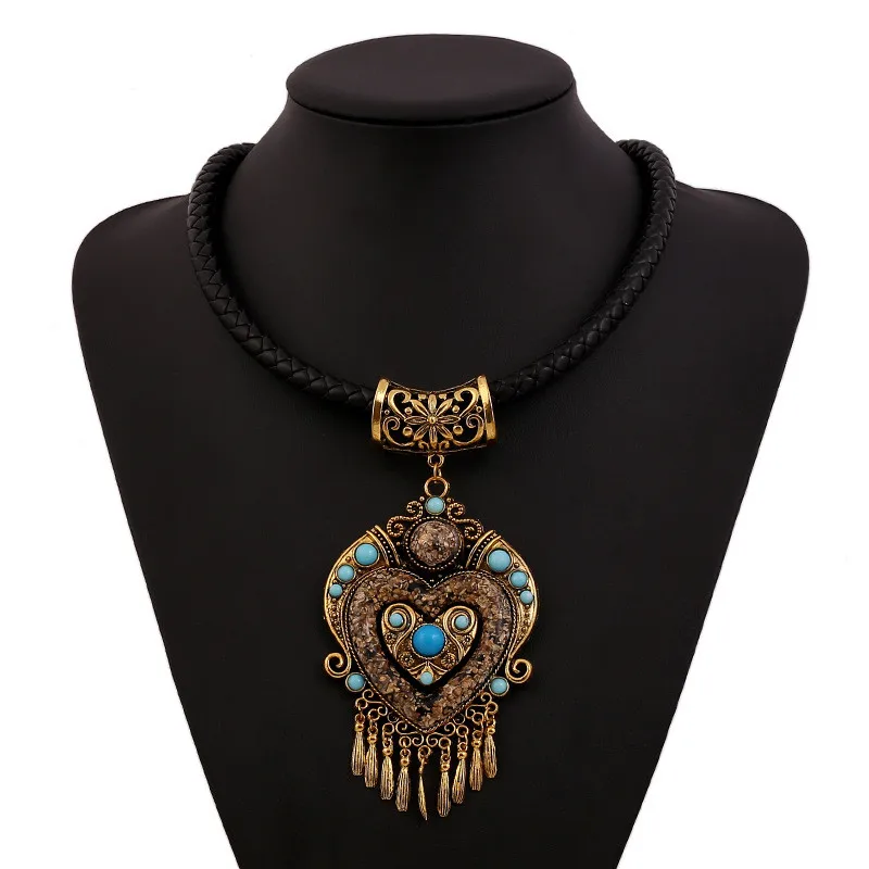 LZHLQ винтажное Бохо массивное ожерелье женское ювелирное изделие этнический стиль кожаная веревка кисточка ожерелья подвески аксессуары