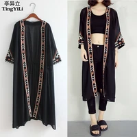 TingYiLi Black White Kimono Cardigan Women Embroidery Long Cardigan Summer Beach Chiffon Maxi Cardigan Female 1
