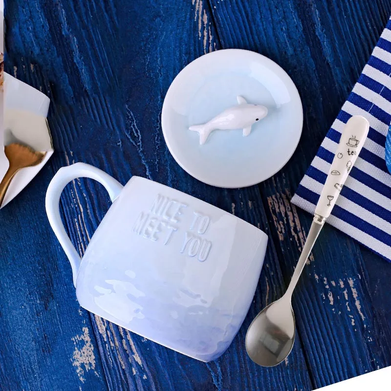 3D мультфильм кофейные чашки и чашка бардак Caf крышка керамическая пара милые новизна кружки молочный чай креативная ложка МОК Экологичная упаковочная бумага 30M080 - Цвет: Cover Spoon 1