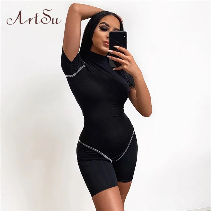 ArtSu спортивный облегающий игровой костюм женский комбинезон Mujer обтягивающий комбинезон на молнии короткий рукав цельный комбинезон шорты ASJU60051