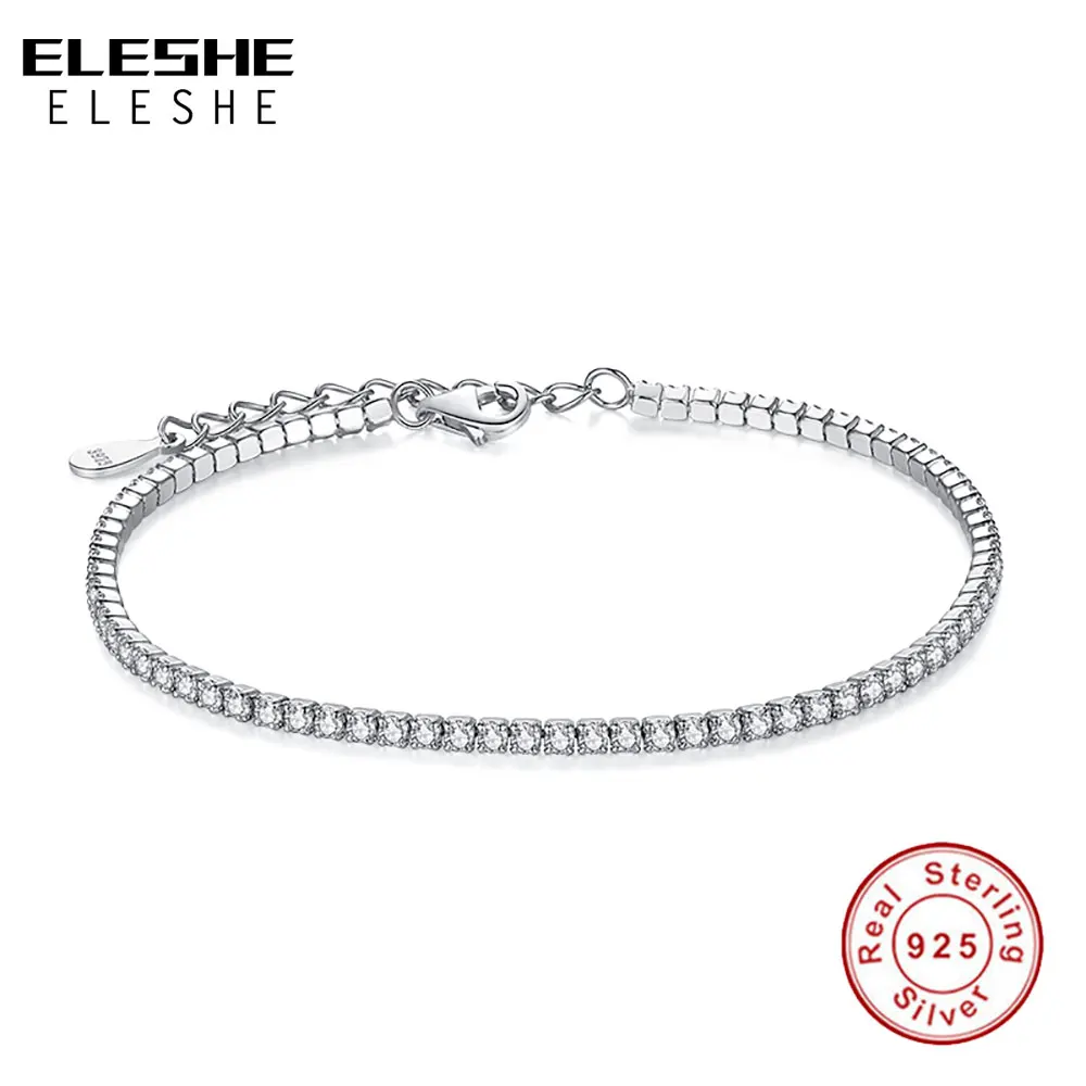 ELESHE 925 Sterling Silver Tennis Charm Bracelets For Women With Cubic Zirconia Link Chain Anti-allergy Sterling-silver-jewelry silver multi layers chain with leaf shape charm bracelets