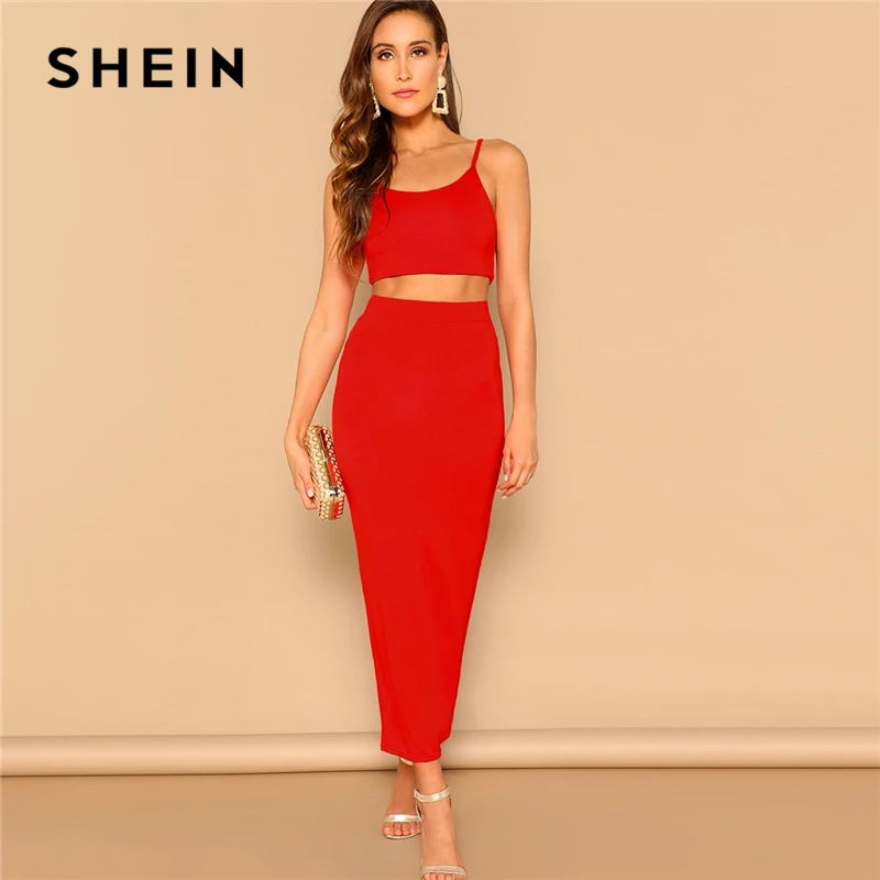 

SHEIN Sexy Red Crop Cami Spaghetti Strap Top and Bodycon Pencil Skirt Set Women 2019 Summer Elegant Party Solid Two Piece Sets