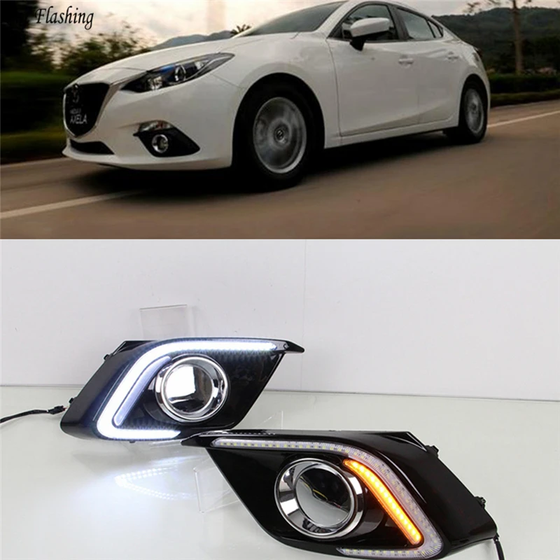 

Car Flashing 1Set LED DRL Daytime Running Light Daylight yellow turn Signal fog lamp For Mazda 3 Mazda3 Axela 2014 2015 2016