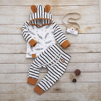 

New Baby Clothes Newborn Baby Girl Boy Long Sleeveled Hooded T shirt Tops With Feather Striped Pants Kids Outfits 2Pcs Set