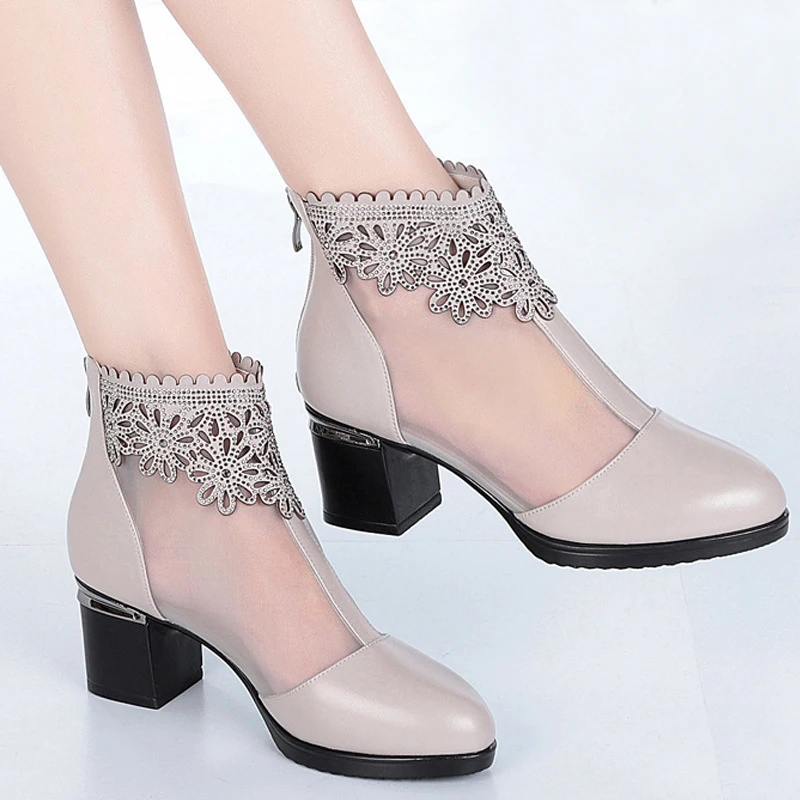 

Fesneisee Fashion Sandals Mesh Genuine Leather Shoes Woman High Heel Sandals 2019 New Breathable Cool Boots Summer Women Sandals