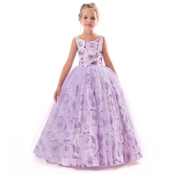 

Explosive models girl round neck dress in the big children's wedding dress printed rose pattern long princess children's dress