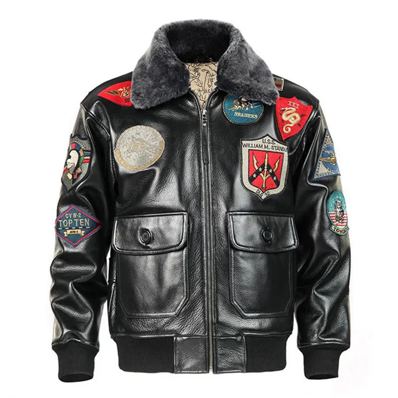 2020 мужские черные Top Gun кожаная куртка пилота размера плюс 3XL шерстяной воротник