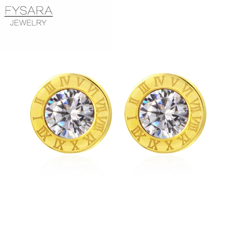 

FYSAYA Lady Jewelry Roman Number Stud Earring Crystal Gold-Color 316L Stainless Steel Love Earrings For Women Earring Party Gift