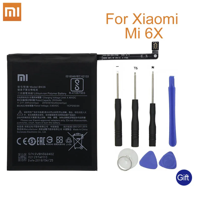 Xiao Mi Оригинальный аккумулятор для телефона BN36 Xiaomi 6X Mi6X A2 MiA2 сменные батареи 2910 мАч