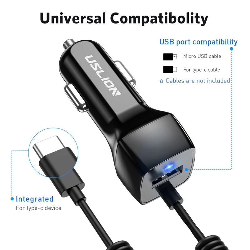 USLION العالمي USB شاحن سيارة ل سامسونج S9 S8 زائد ملاحظة 8 سيارة-شاحن مايكرو USB نوع c كابل ل Xiaomi هواوي سريعة تهمة