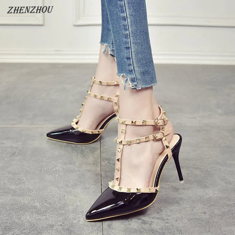 

Free shipping Summer new 2019 European and American rivet pointed high heels fashion stiletto nude banded Roman sandals female