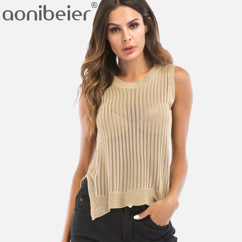 

Aonibeier 4 Colors Cutout Back Open Knit Tanks Summer Fashion Textured Striped Slit Side Sleeveless O-Neck Women Casual Tops