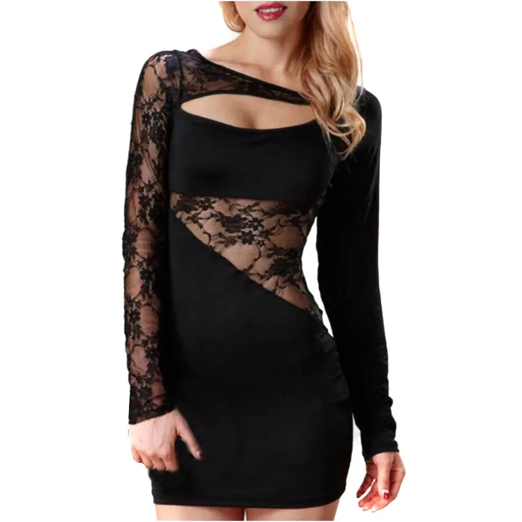 

ISHOWTIENDA Plus Size dresses Women's Sexy Long Sleeves Clothes Lace Splice Hollow Out Dress vestido ropa mujer roupas feminina