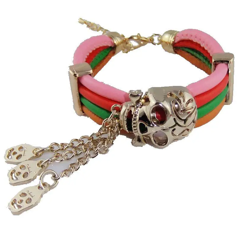 

CirGen,Fashion Punk PU Leather skeleton gold Color skull head Charm Pendant bangle bracelet For Women Jewelry Item,AF899