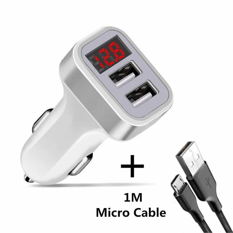 Двойной 2 USB Автомобильное зарядное устройство светодиодный 5 В/2.1A цифровой дисплей для iphone Xiaomi samsung Быстрая Зарядка адаптер USB кабель зарядное устройство для мобильного телефона s - Тип штекера: Silver   Micro Cable