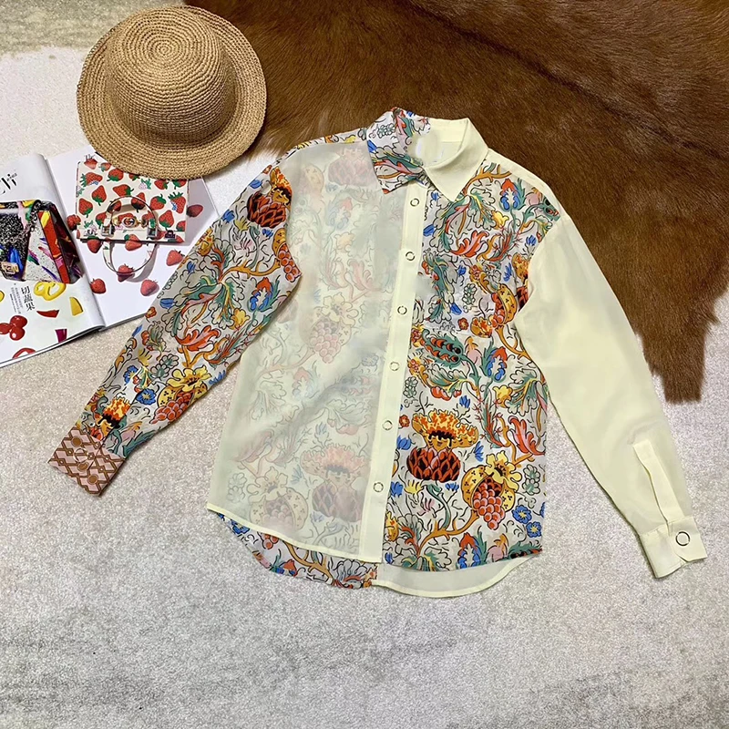 Блузка с заплаткой для женщин элегантная женская летняя блузка с длинным рукавом для офиса Милая шелковая блузка с принтом 2019 модная