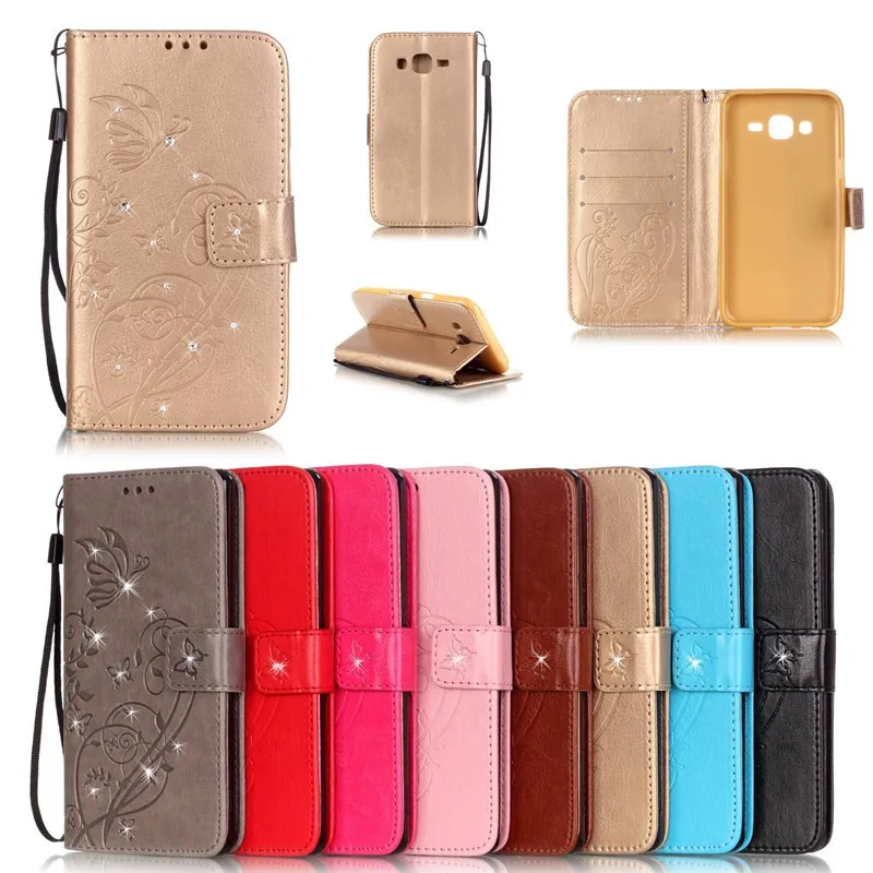 

Luxury Bling Diamond Book Style PU Leather Flip Butterfly Case Cover For Samsung Galaxy J1 J1 ACE J2 J5 J7 2015 Phone Bags+Strap