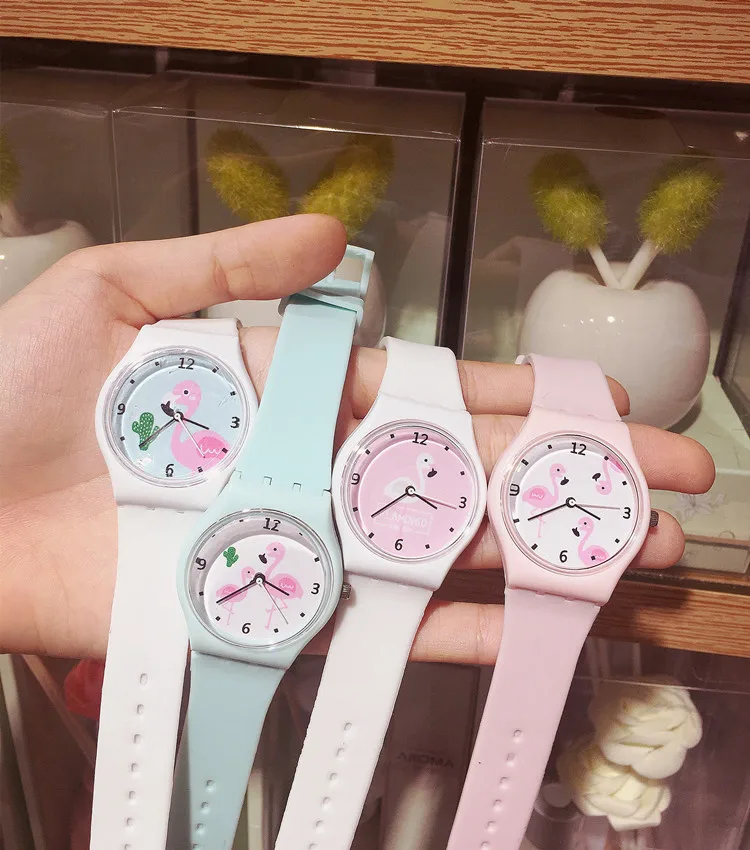 New Silicone Candy Jelly Color Student Watch Girls Clock Fashion Flamingo 