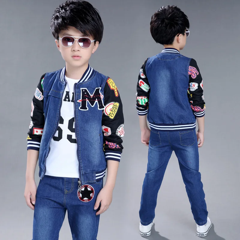 Autumn Children Clothing Set Boys White Letter T-Shirts +Denim Jackets+Jeans Pants 3pcs teenage boys clothes sets tracksuit kids new 3pcs children clothes set fashion t shirt denim pants headband autumn clothing sets for girls jeans crianca roupas