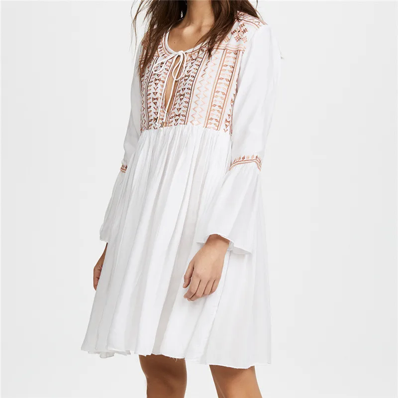 Платье туника с длинным рукавом Boho белое хлопковое платье оборками и