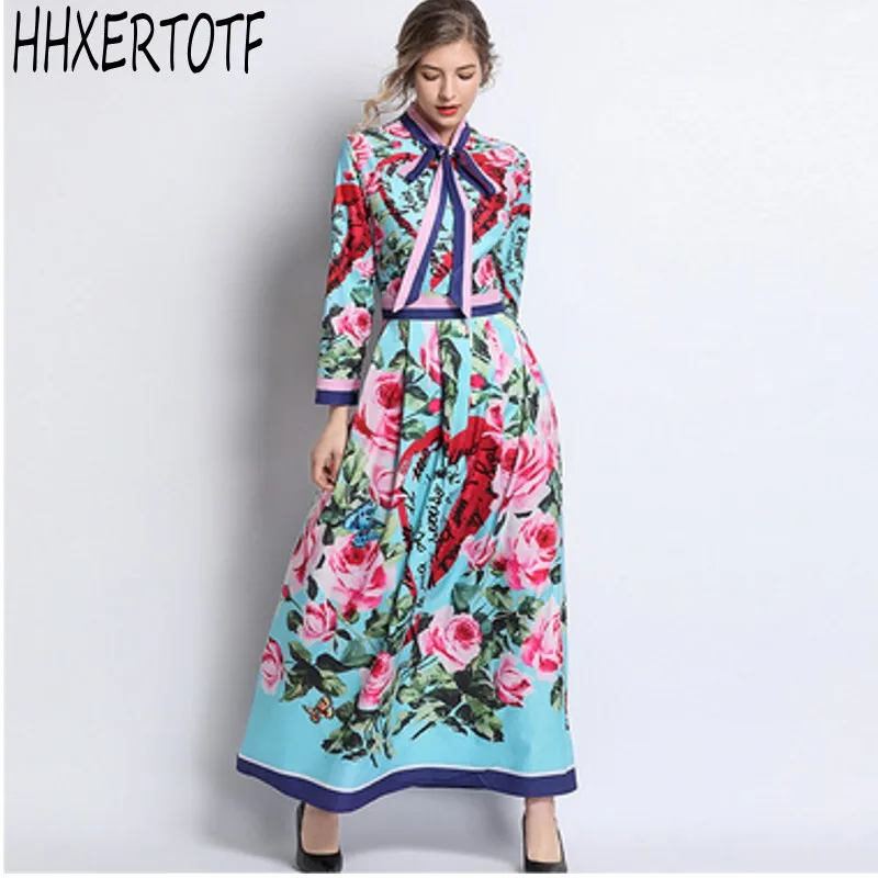 

2019 spring Runway Blue Bow Print Long Dresses Boho Vintage Tunic Maxi Dress Women Party Vestidos