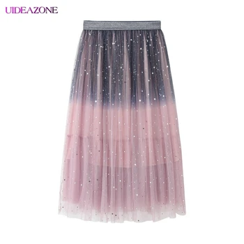 

UIDEAZONE Gradient Color Skirt Female Summer 2019 New Summer Glitter Starry Mesh Skirt Fairy Puff High Waist Long Skirt