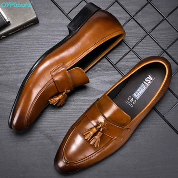 

QYFCIOUFU Handmade Italy Design Tassel Men's Oxford Shoes Genuine Leather Fashion formal shoes Wedding Party Formal Dress Shoes