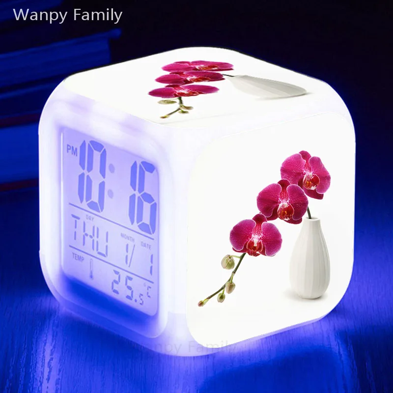 Розовый Бабочка Орхидея Будильник 7 цветов светящийся светодиодный цифровой будильник для студенческой комнаты многоцелевой электронный будильник