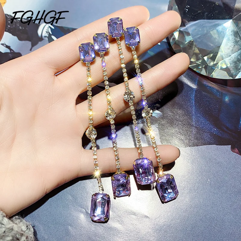 

FGHGF 2019 Fashion Purple Big Crystal S925 Drop Earrings Luxury Jewelry Korean Style Rhinestone Long Dangle Women Party wedding