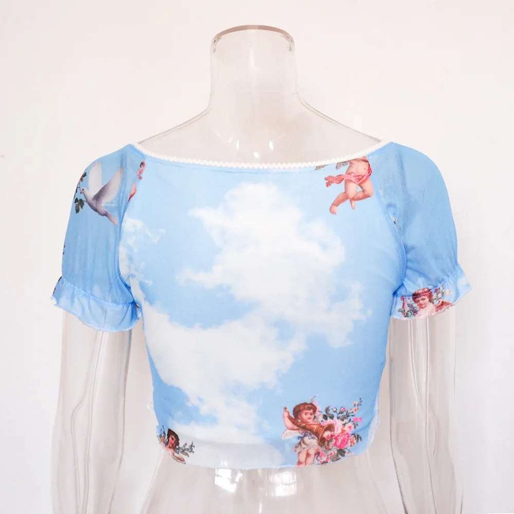 V образным вырезом Мода Амур с принтом в стиле «Ангел», топ-Футболка женская милое Сетчатое лоскутное короткие топы, футболки летняя футболка плиссированная одежда
