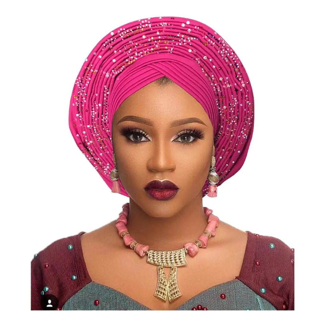 Традиционная африканская головная повязка, африканская шляпа, головной убор для женщин, нигерийский геле, тюрбан, повязка на голову, уже сделанная aso oke gele, головной убор - Цвет: rose red