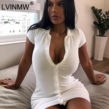 LVINMW сексуальное мини-платье с воротником поло и пуговицами, с коротким рукавом, женские вечерние облегающие Клубные платья, летние женские платья, 3 цвета