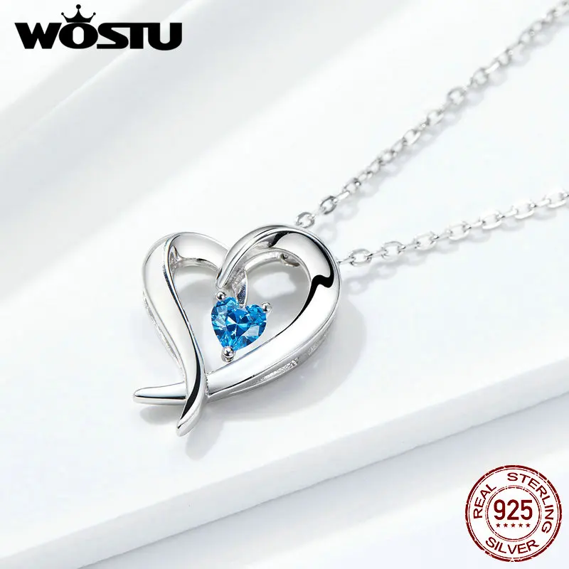 WOSTU Shape Of My Heart Pendant Necklaces 925 Sterling Silver Shine Blue CZ Long Chain For Women Party Silver 925 Jewelry FIN311