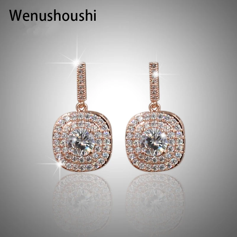 

WENUSHOUSHI S925 silver needle anti-allergy copper full rhinestone cute OL square stud earrings for women girls gifts jewelry