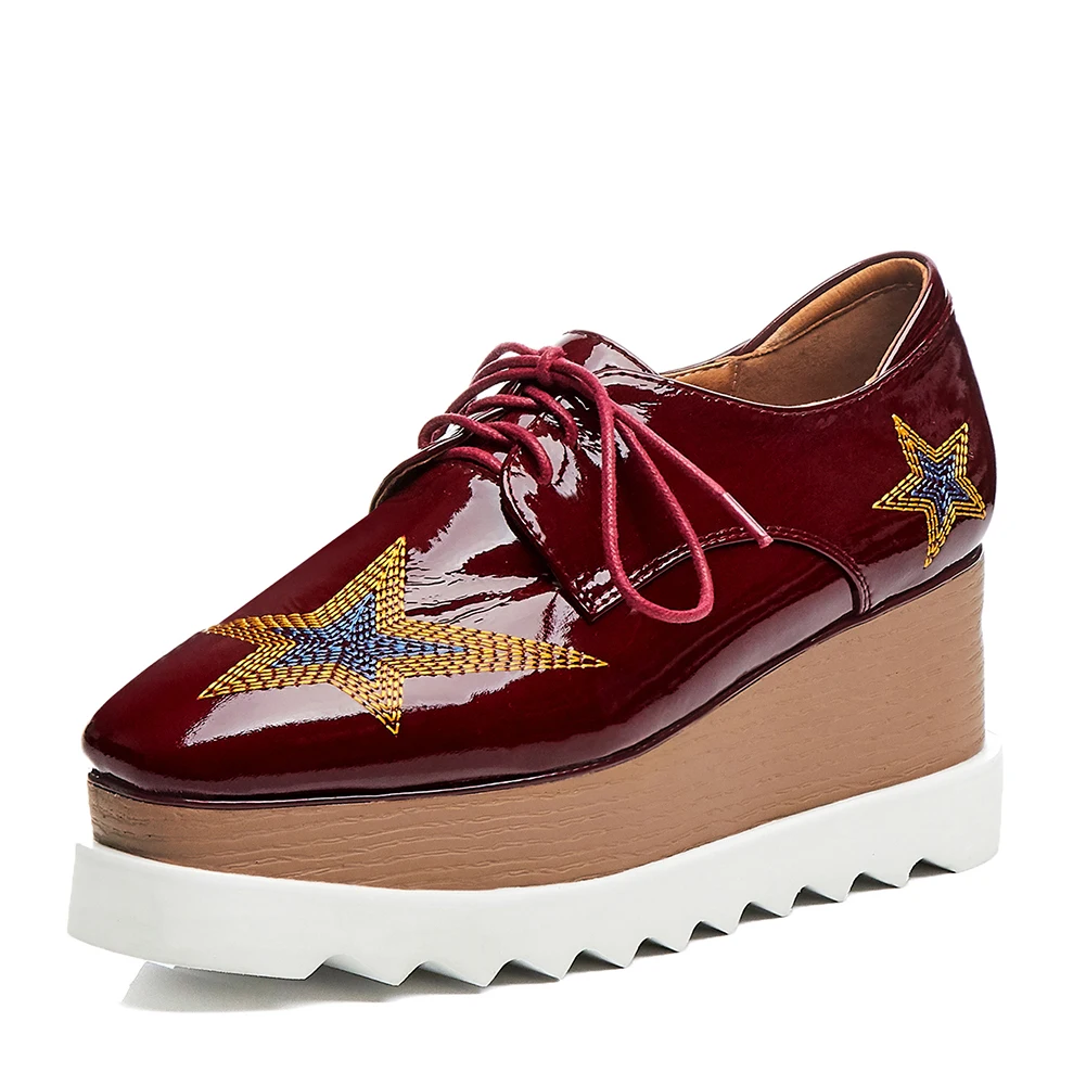 

RIBETRINI Brand Design Big Size 42 Genuine Patent Leather Flat Platform Woman Shoes Girls Shoelaces Leisure Shoes Woman Flats