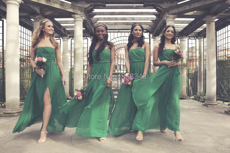 Green strapless off the shoulder sleeveless maid of honor dress pleat a line chiffion slit floor