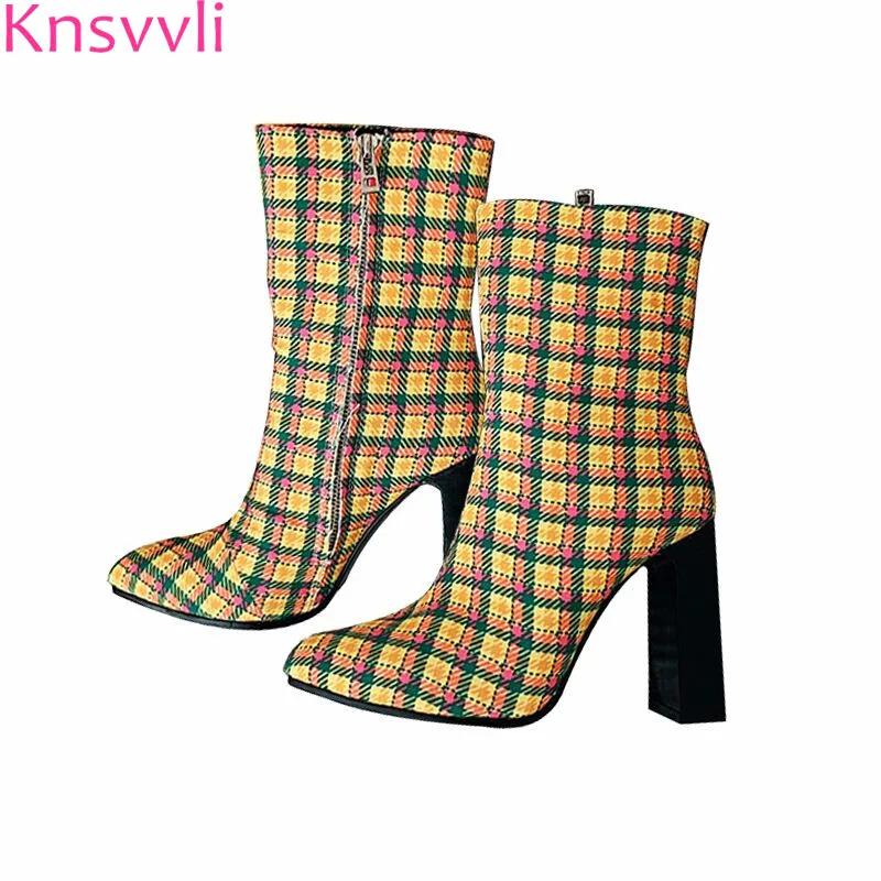 plaid high heel boots