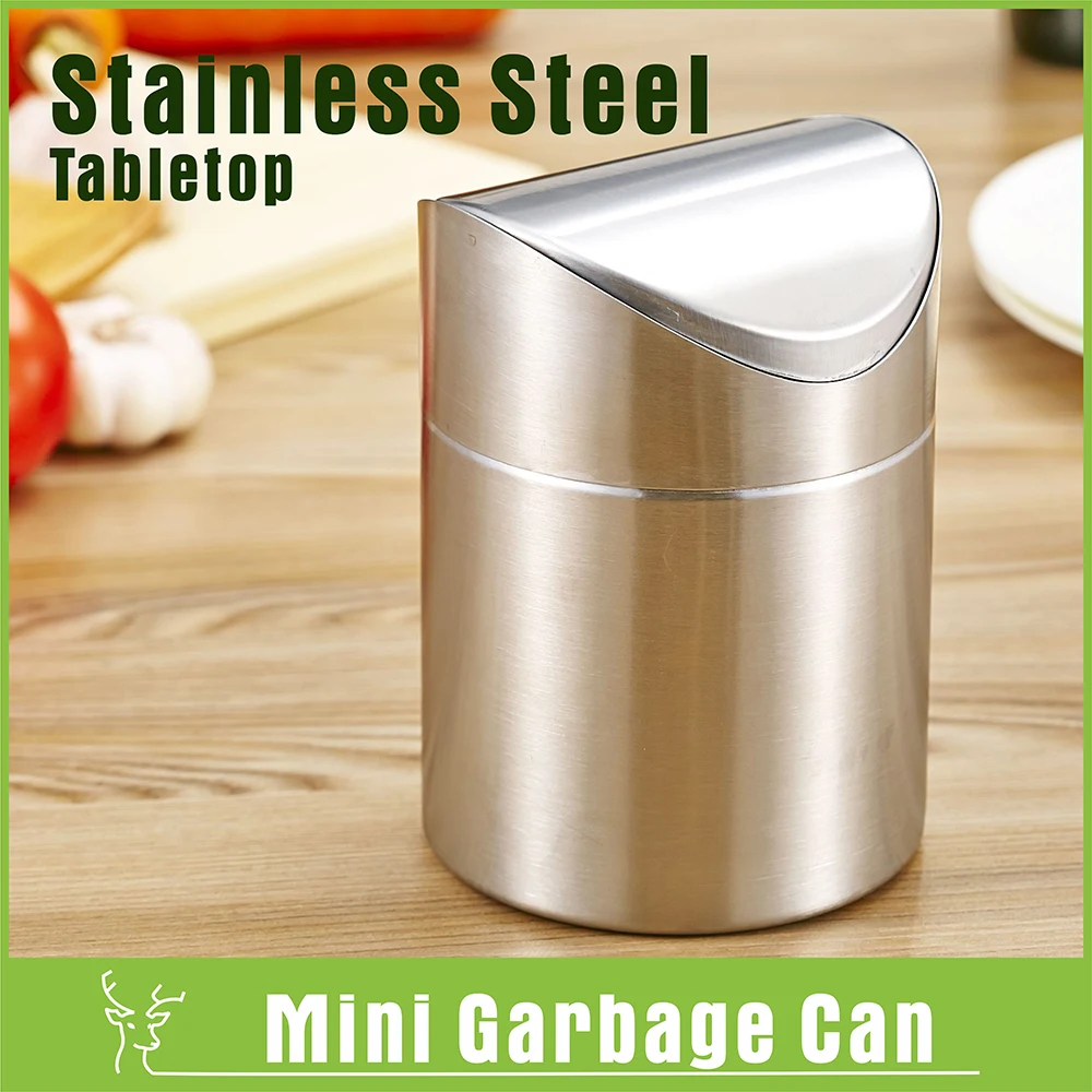 Brushed Stainless Steel Mini Garbage Can Table Desk Trash Rubbish
