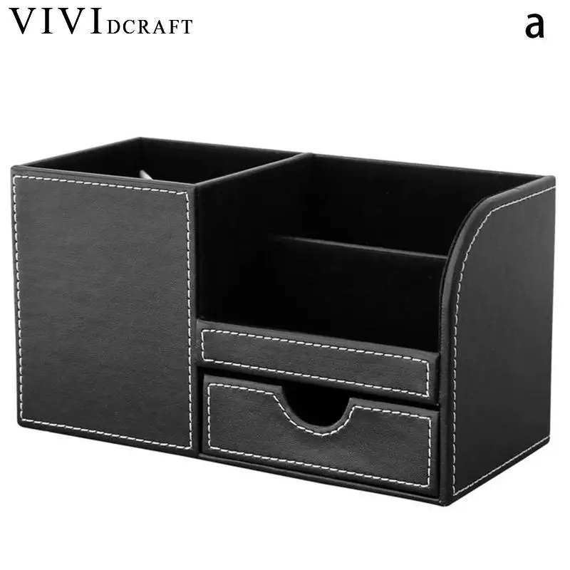 

Vividcraft Office Desk Accessories Storage Wooden PU Leather Multi-Functional Desk Stationery Organizer Storage Pencils Holder