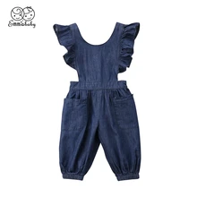 Платье для малышки, платье для маленькой девочки, детский джинсовый хлопок, короткий рукав, отделка рюшами свободные модная одежда, наряды Комбинезон