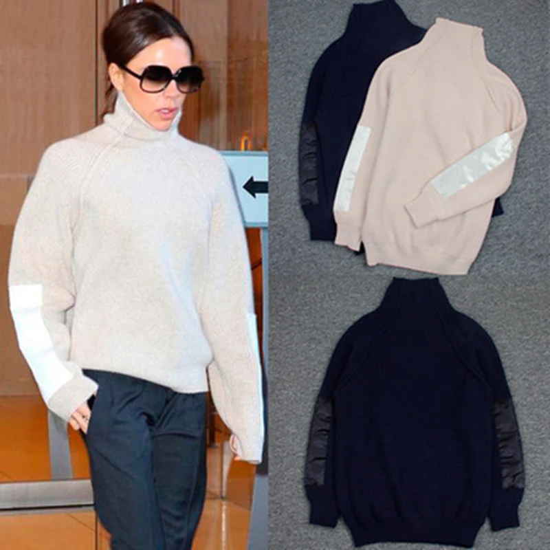 Women sweaters and pullovers Victoria Beckham turtleneck 70% Wool the solid color plain knitted loose cardigan sweater