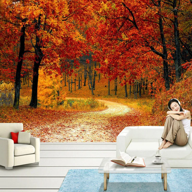 Red Maple Forest Path Photo Mural Wallpaper Modern Beautiful Living Room Bedroom Backdrop Wall Murals Home Decor Papel De Parede