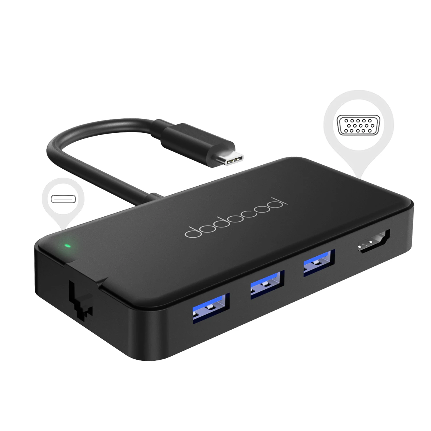 Dodocool 7-в-1 многофункциональный USB-C концентратор с Тип-C Мощность доставки видео в формате 4K HD/VGA Выход Порты и разъёмы Gigabit Ethernet адаптер