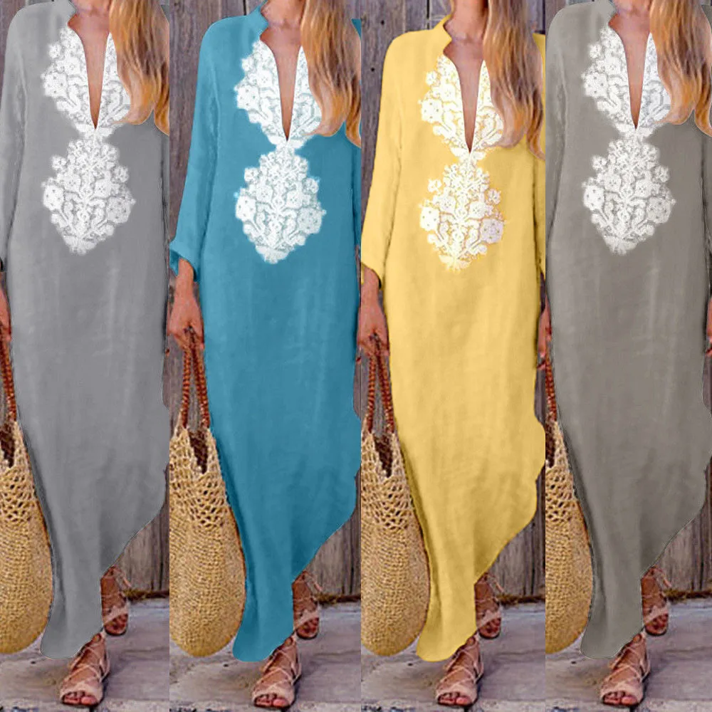 

vetement femme Women fashion 2019 Printed Long Sleeve V-neck Maxi Dress Split Hem Baggy Kaftan Long Dress female dress yellow