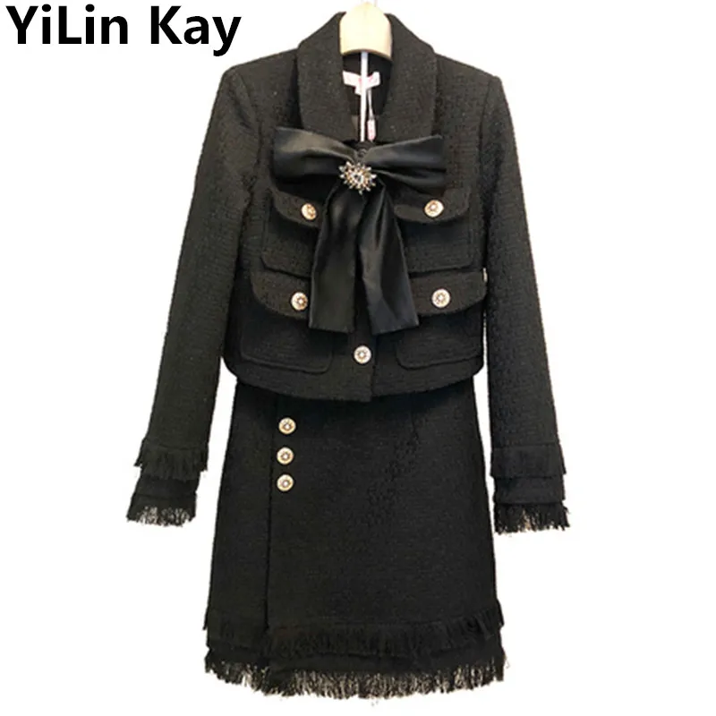

YiLin Kay 2019 Autumn Winter Black Tweed Wool Blends 2 Piece Set Women White Beading Bow Jacket Coat+Tassels Pencil Skirt Sets