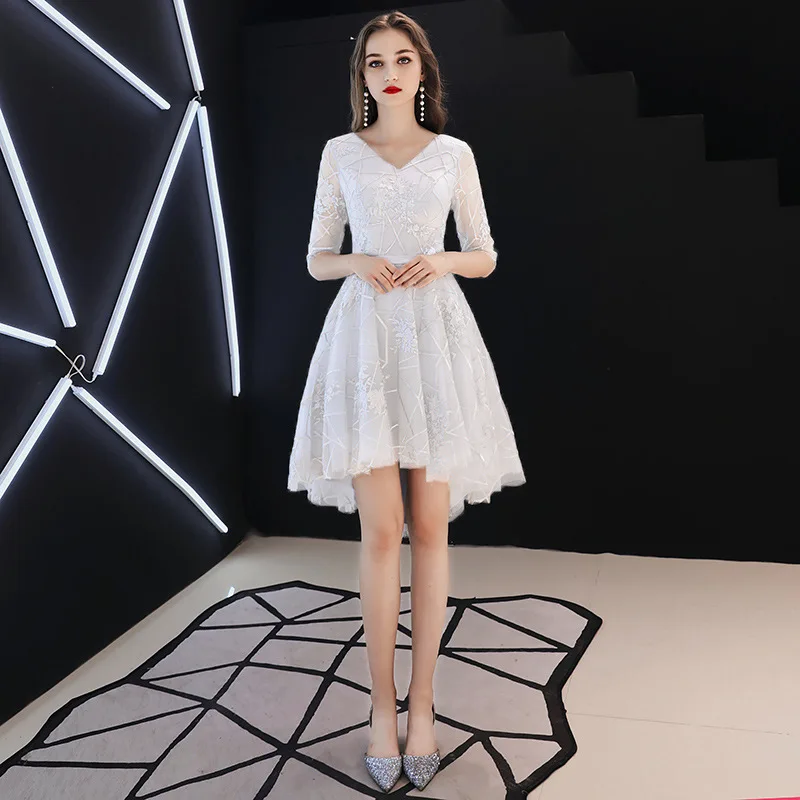 

Plus Size Evening Dresses Elegant O-neck Champagne Formal Prom Dress Short Sleeve Lace White Long A-line Bandage Party Gown E358